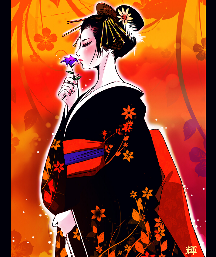 blush_stickers, closed_eyes, eyelashes, eyes_closed, flower, hair_flower, hair_ornament, japanese_clothes