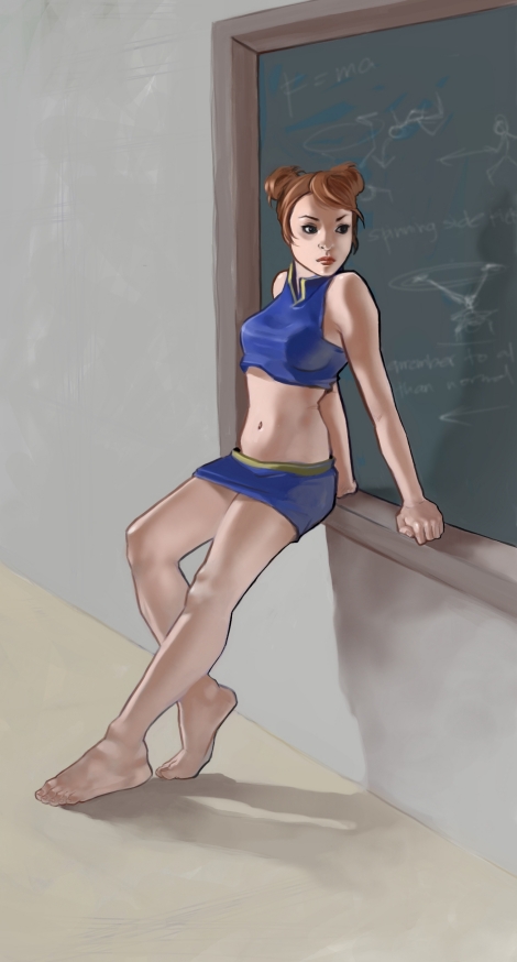 barefoot, brown_hair, chalkboard, chun-li, crop_top, double_bun, leaning_back, lips, midriff, miniskirt, navel, skirt, solo, street_fighter, taho