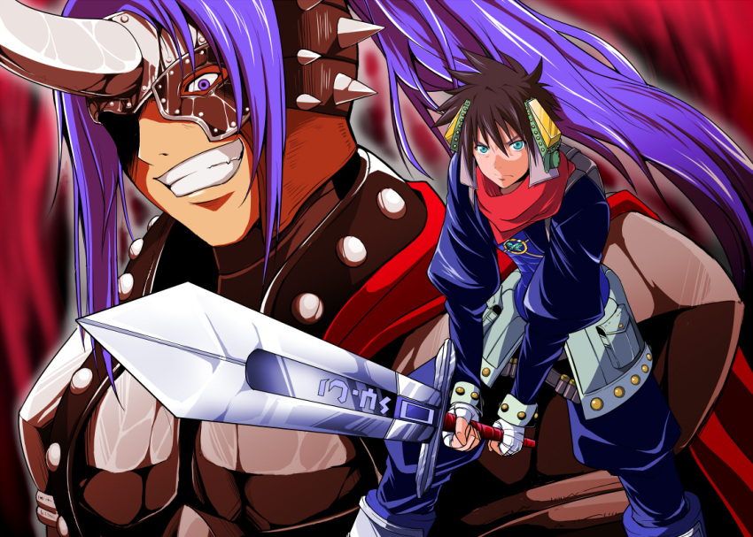 2boys, aqua_eyes, armor, blue_hair, brothers, brown_hair, fingerless_gloves, gloves