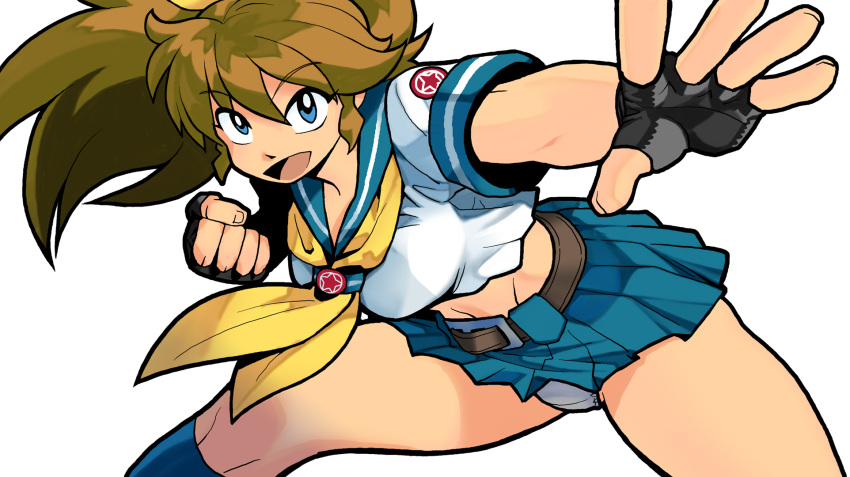 belt, black_gloves, blue_eyes, blue_skirt, brown_hair, fighting_stance, fingerless_gloves, gloves, grey_panties, hair_bow, highres, leaning_forward, long_hair, m.u.g.e.n, midriff, mugen_ryuko, oggy_(oggyoggy), open_mouth, original, pleated_skirt, ponytail, red_eyes, school_uniform, serafuku, simple_background, underwear, yellow_bow