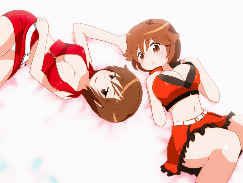 breasts, brown_eyes, brown_hair, cleavage, from_above, lying, meiko, midriff
