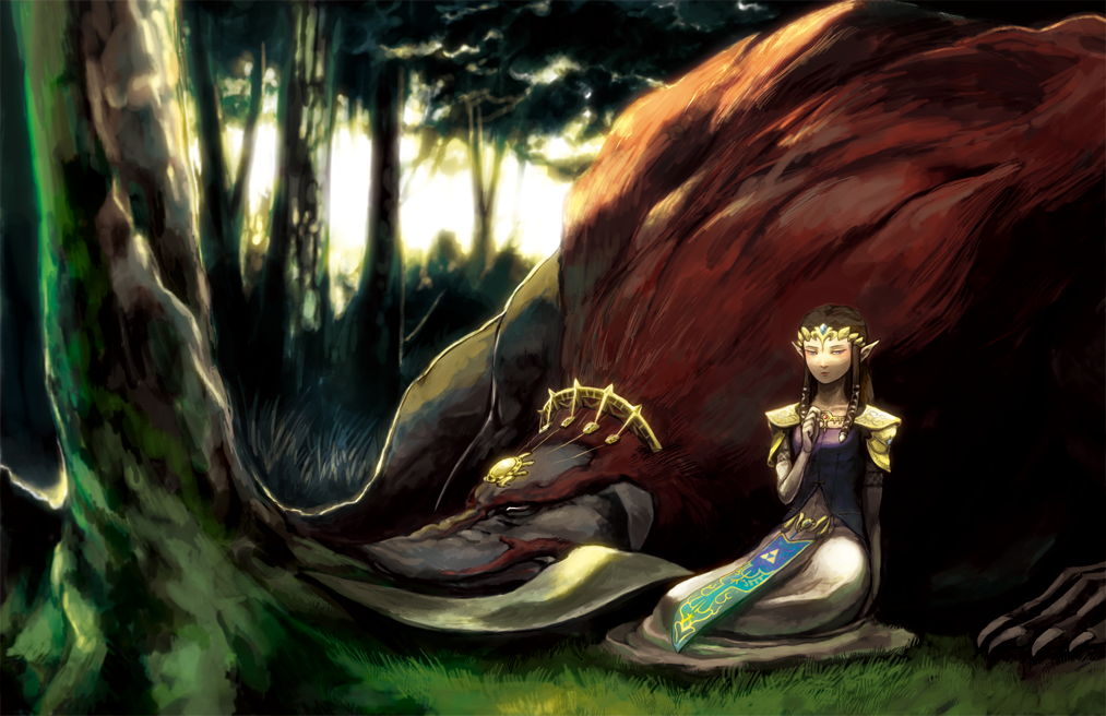 armor, brown_hair, closed_eyes, crown, dress, eyes_closed, forest, ganon