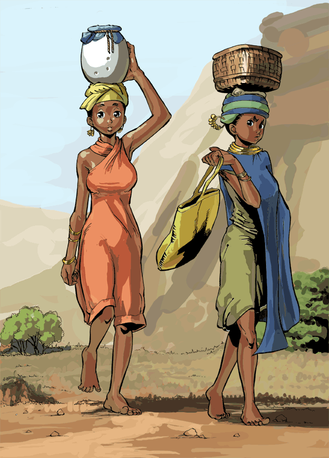 african, bag, bare_shoulders, barefoot, basket, black_eyes, black_hair, bracelet, carrying, dark_skin, earrings, handbag, holding, jewelry, looking_at_viewer, multiple_girls, nature, object_on_head, original, pottery, pout, short_hair, standing, tabard, walking, yamahiko
