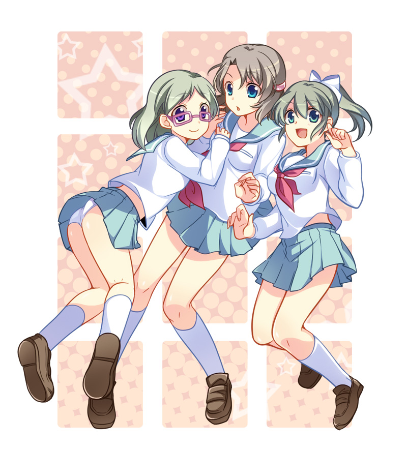 blue_eyes, brown_hair, corpse_party, glasses, kirisaki_touko, kneehighs, multiple_girls, panties