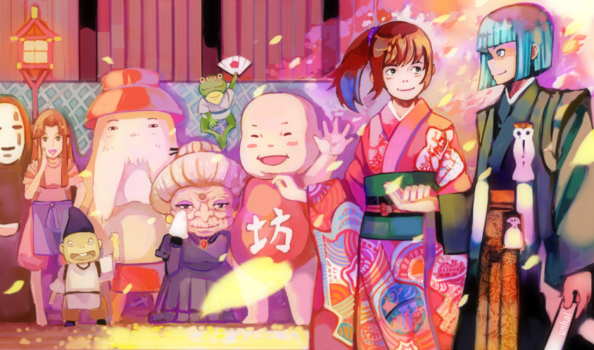 blue_hair, blush, blush_stickers, child, colorful, couple, dress, fan