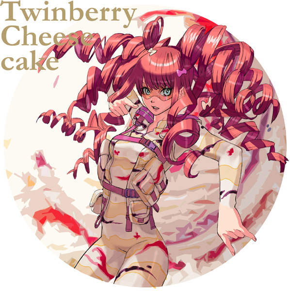 bodysuit, bow, camouflage, drill_hair, engrish, food, food_themed_clothes, goggles
