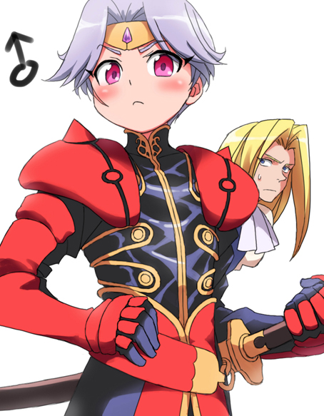 allen_schezar, blonde_hair, dilandau_albatou, gloves, long_hair, male, orange541, ore_no_imouto_ga_konna_ni_kawaii_wake_ga_nai, parody, red_eyes, silver_hair, sword, tenkuu_no_escaflowne, weapon