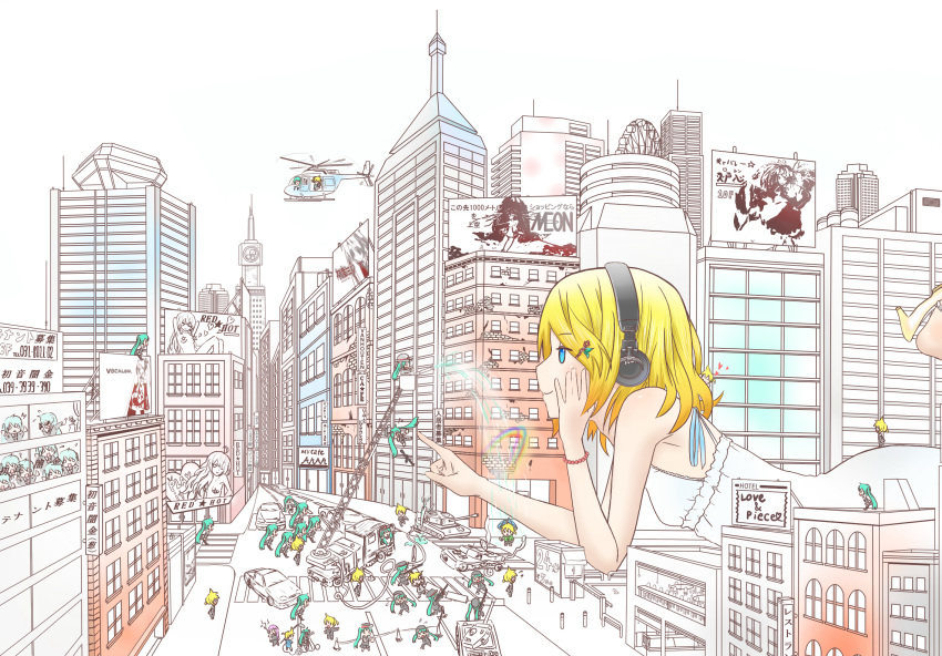 city, giant, hatsune_miku, headphones, kagamine_len, kagamine_rin, megurine_luka, sweeter