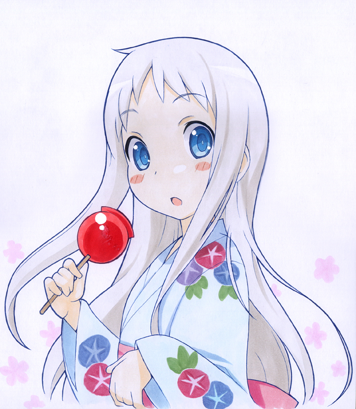 :o, ano_hi_mita_hana_no_namae_wo_bokutachi_wa_mada_shiranai, blue_eyes, blush_stickers, candy_apple, face, floral_print, honma_meiko