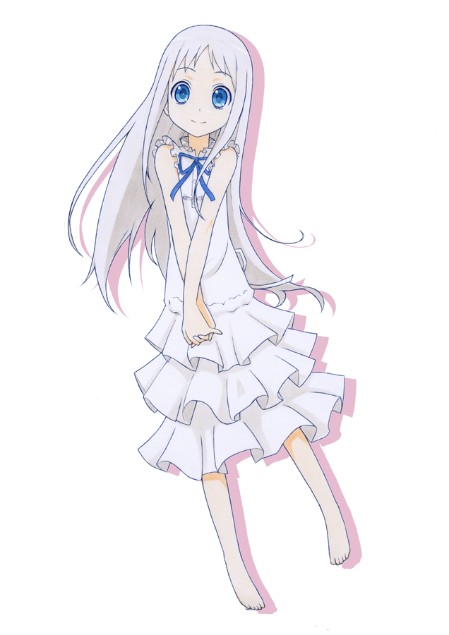 ano_hi_mita_hana_no_namae_wo_bokutachi_wa_mada_shiranai, barefoot, blue_eyes, dress, feet, hands_clasped, hands_together, honma_meiko