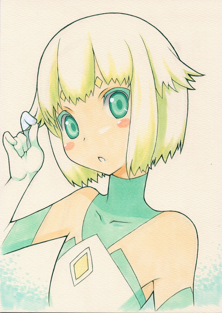 :o, bare_shoulders, blonde_hair, bust, colored_eyelashes, element_hunters, flat_chest, green_eyes, hair_twirling, hands, juno_(element_hunters), looking_at_viewer, marker_(medium), millipen_(medium), pinky_out, shirohebidou, short_hair, solo, traditional_media