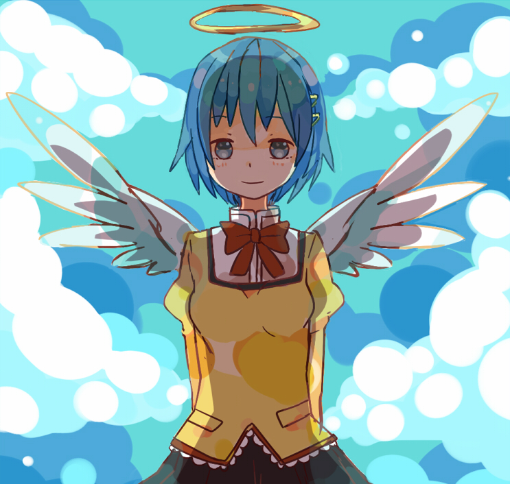 adgjl, angel_wings, blue_eyes, blue_hair, bow, cloud, hair_ornament, hairclip