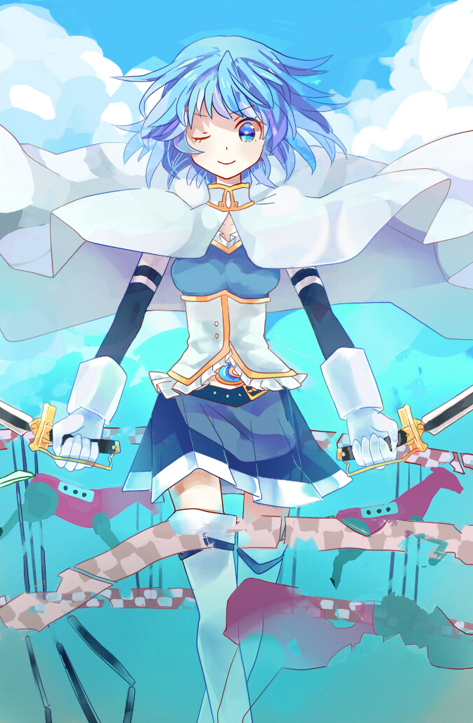 adgjl, armband, blue_eyes, blue_hair, cape, dual_wielding, gloves, magical_girl