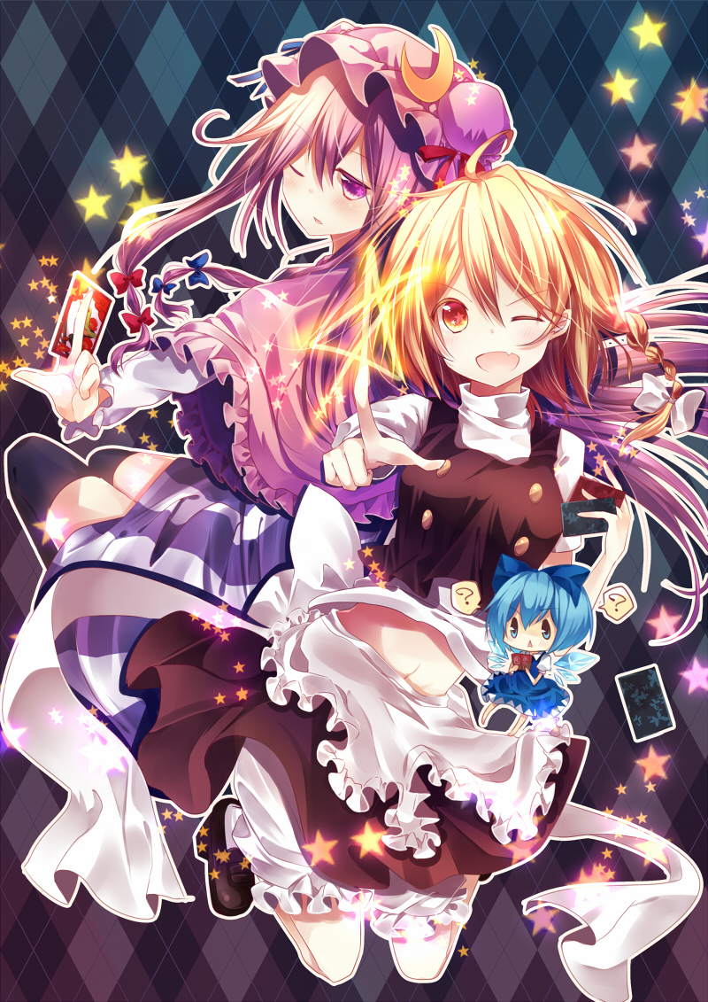 ?, apron, argyle, argyle_background, black_card, black_legwear, blonde_hair, bloomers