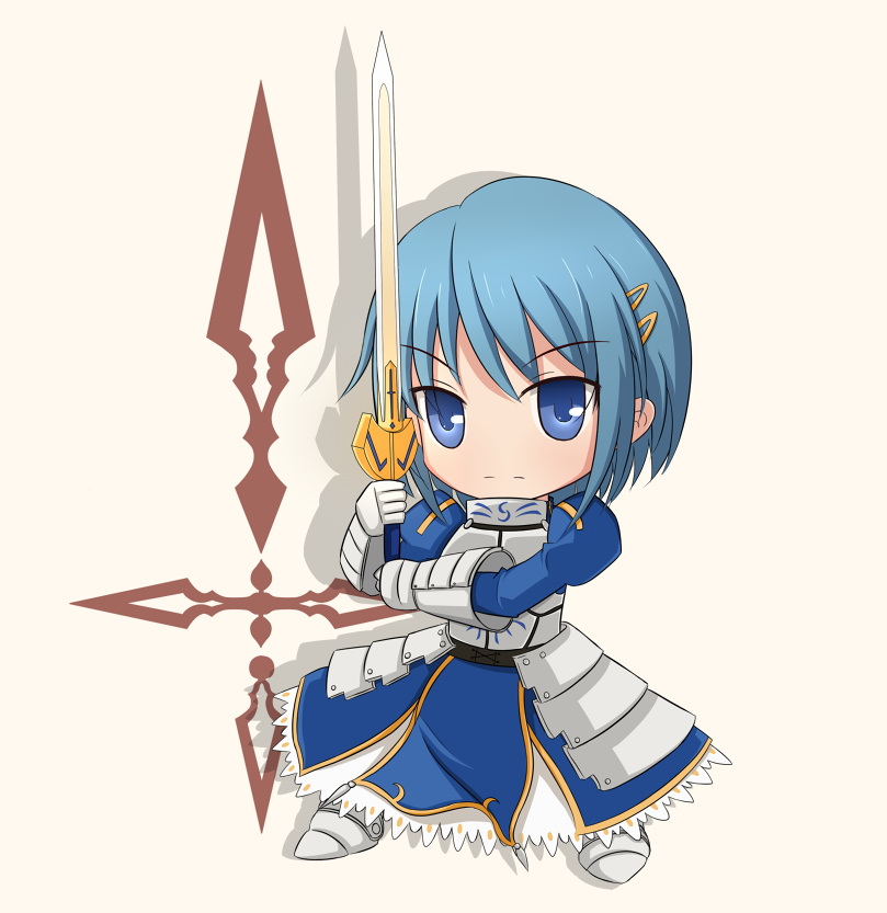 alternate_costume, armor, armored_dress, blue_eyes, blue_hair, breastplate, chibi, command_spell