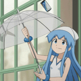 animated, animated_gif, blue_eyes, blue_hair, dress, gif, hat, hypnotic, ikamusume, long_hair, lowres, shinryaku!_ikamusume, solo, tentacle_hair, transparent_umbrella, umbrella