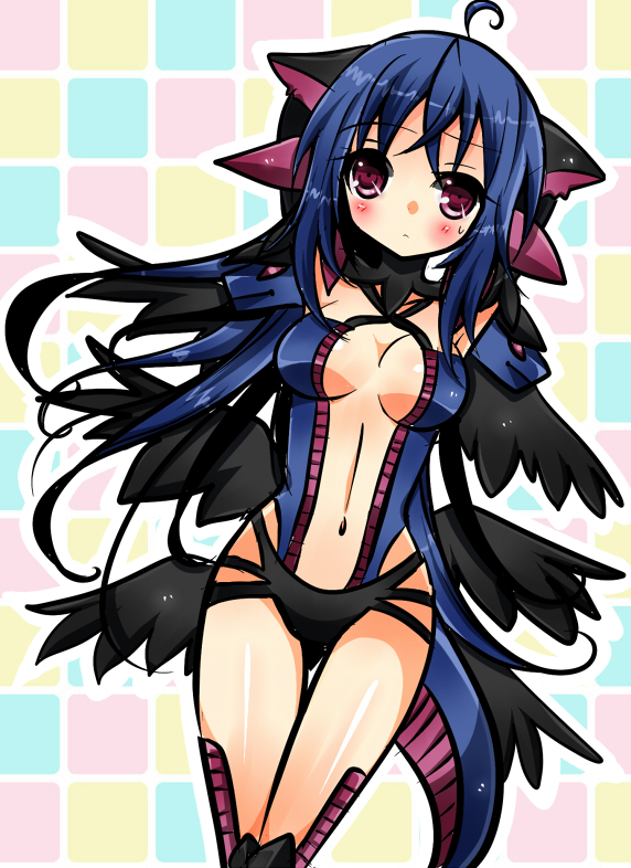 1girl, animal_ears, armpits, arms_up, black_panties, blue_hair, breasts, dragon_tail