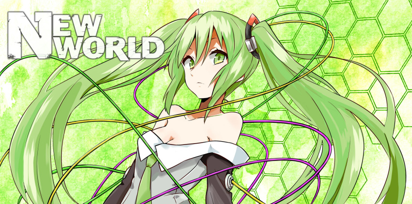 bare_shoulders, breasts, cleavage, green_eyes, green_hair, hatsune_miku, highres, long_hair