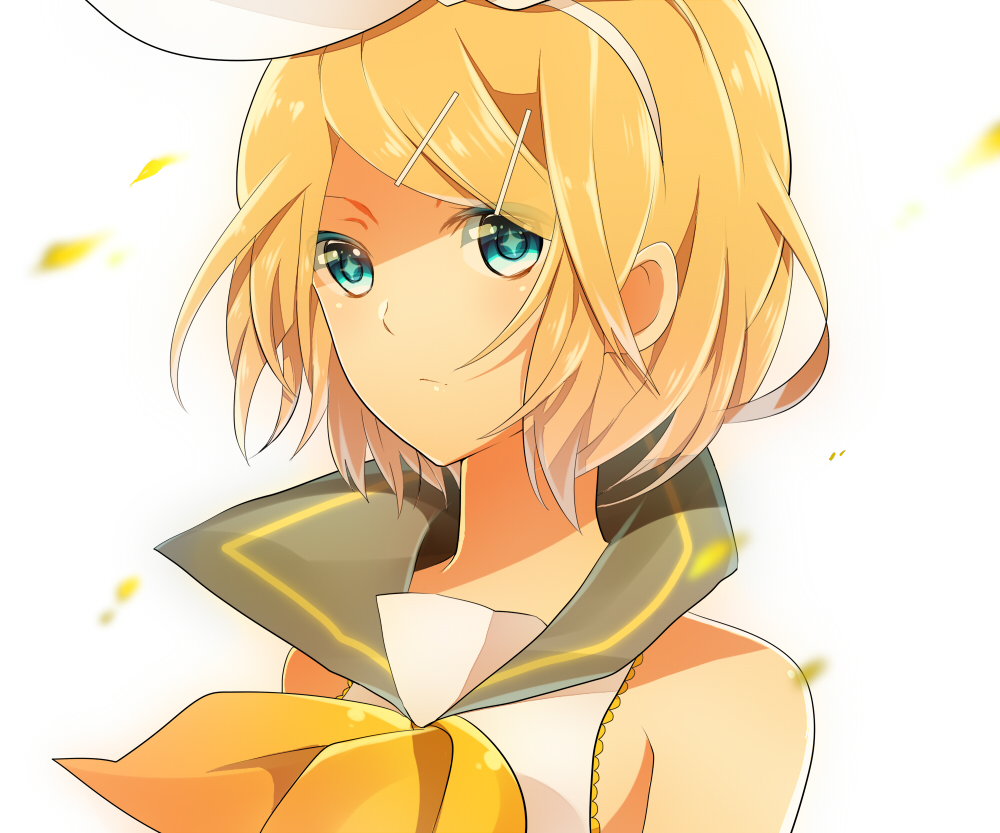 achiki, aqua_eyes, bad_id, bare_shoulders, blonde_hair, face, hair_ornament, hair_ribbon