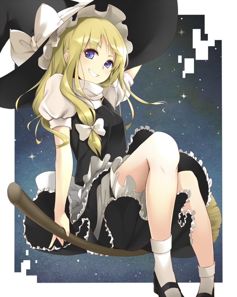 arm_up, blonde_hair, bloomers, blue_eyes, bow, braid, broom, dress