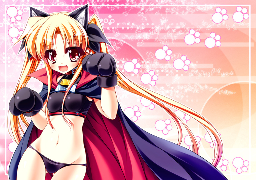 1girl, animal_ears, bad_id, black_panties, blonde_hair, blush, cape, cat_ears