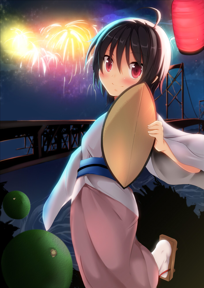 ahoge, alternate_costume, awa_odori_tokushima, black_hair, blush, bridge, fireworks, food