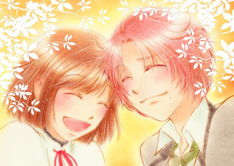 1girl, amachi_shouta, blush, brown_hair, closed_eyes, couple, eyes_closed, manmaruma, pink_hair, protagonist_(tokimemo_gs2), school_uniform, tokimeki_memorial_girl's_side_2nd_kiss, tokimeki_memorial_girl's_side_2nd_kiss