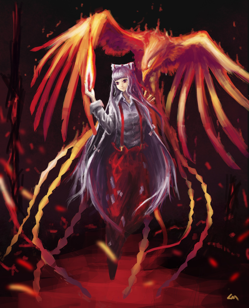 absurdres, bird, bow, fire, fire_body, fujiwara_no_mokou, full_body, hair_bow