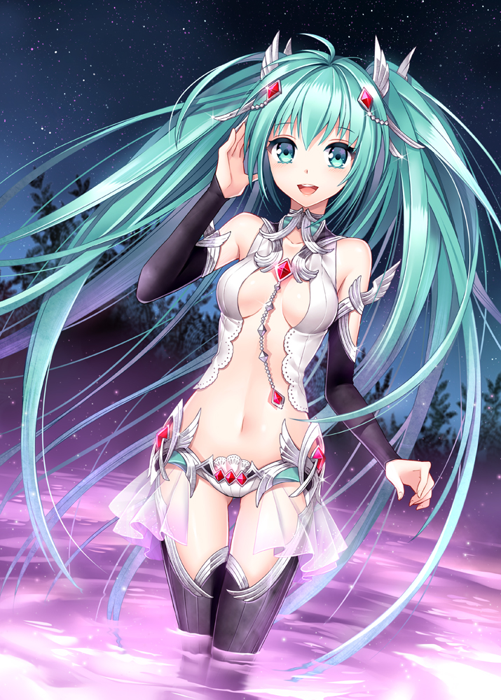 alternate_costume, aqua_eyes, aqua_hair, bare_shoulders, black_legwear, blush, breasts, center_opening