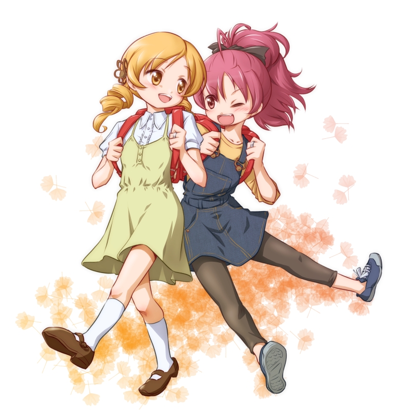 :d, ;d, backpack, bag, black_legwear, blonde_hair, cpro, dress, drill_hair, hair_ornament, hair_ribbon, jewelry, kneehighs, leggings, mahou_shoujo_madoka_magica, mary_janes, multiple_girls, no_socks, open_mouth, overall_skirt, overalls, pants, pants_under_skirt, ponytail, randoseru, red_eyes, red_hair, redhead, ribbon, ring, sakura_kyouko, shoes, skirt, smile, sneakers, tomoe_mami, twin_drills, white_legwear, wink, yellow_eyes, young