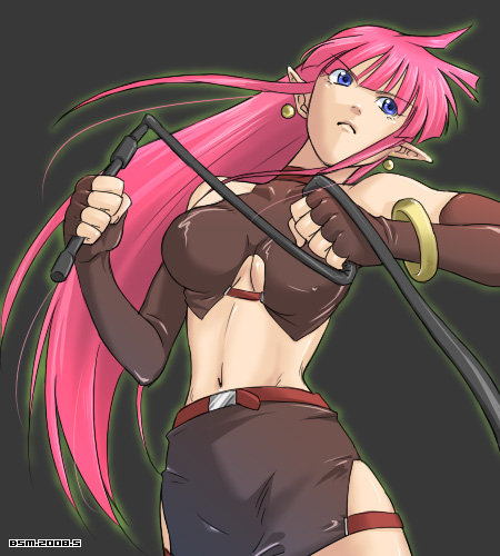 1girl, blue_eyes, blue_seed, bracelet, breasts, earrings, gloves, jewelry, kuroko, long_hair, lowres, midriff, navel, pink_hair, pointy_ears, skirt, solo, valencia_tachibana, whip