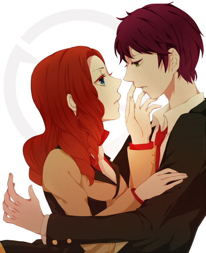 1girl, bad_id, blue_eyes, couple, green_eyes, hiro_satochi, long_hair, mawaru_penguindrum