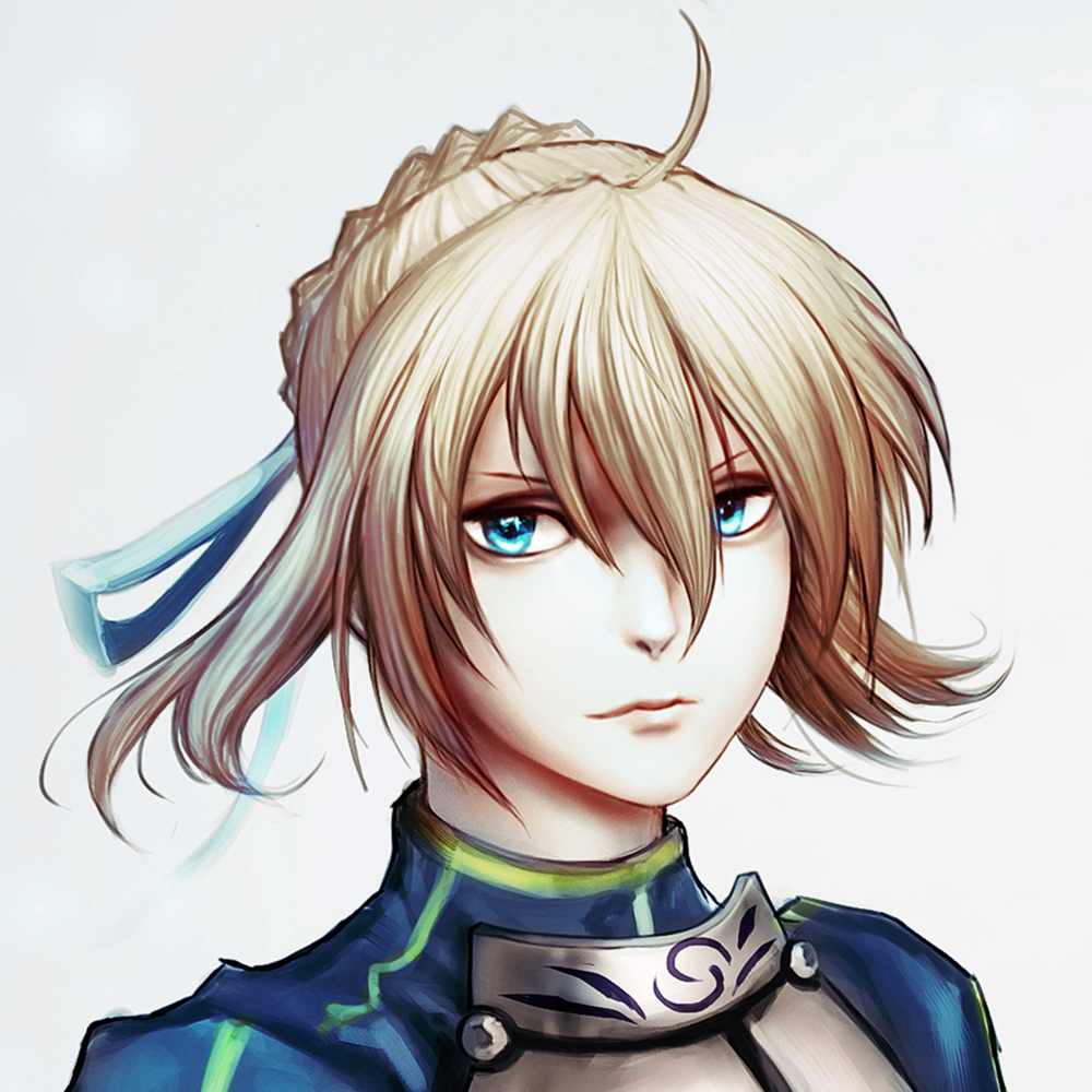 armor, blonde_hair, blue_eyes, bust, dress, fate/stay_night, fate_(series), hair_ribbon, k.n.f, ribbon, saber, solo