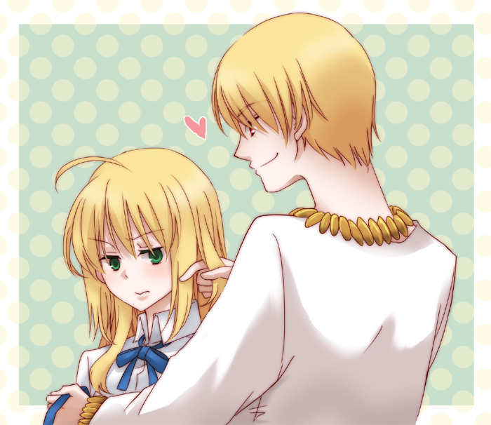 1girl, ahoge, blonde_hair, bracelet, casual, earrings, fate/stay_night, fate/zero, fate_(series), gilgamesh, green_eyes, guratan-hige, hair_down, hand_in_hair, heart, jewelry, long_hair, male, necklace, red_eyes, ribbon, saber, short_hair