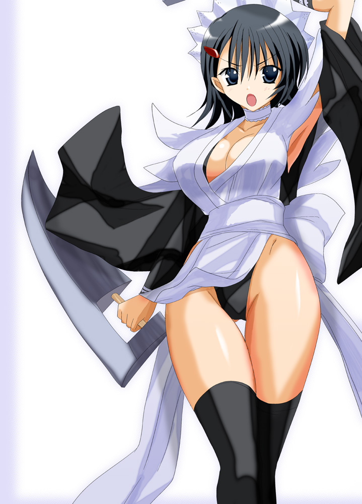 black_hair, breasts, cleavage, highleg, highleg_panties, iroha, panties, samurai_spirits, snk, solo, tanaka_hitoriaruki, tanatim, thigh-highs, thighhighs, underwear, weapon