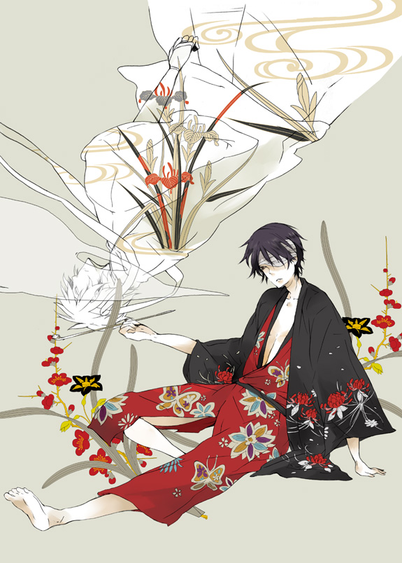 black_hair, blonde_hair, eyepatch, flower, gintama, japanese_clothes, kimono, male