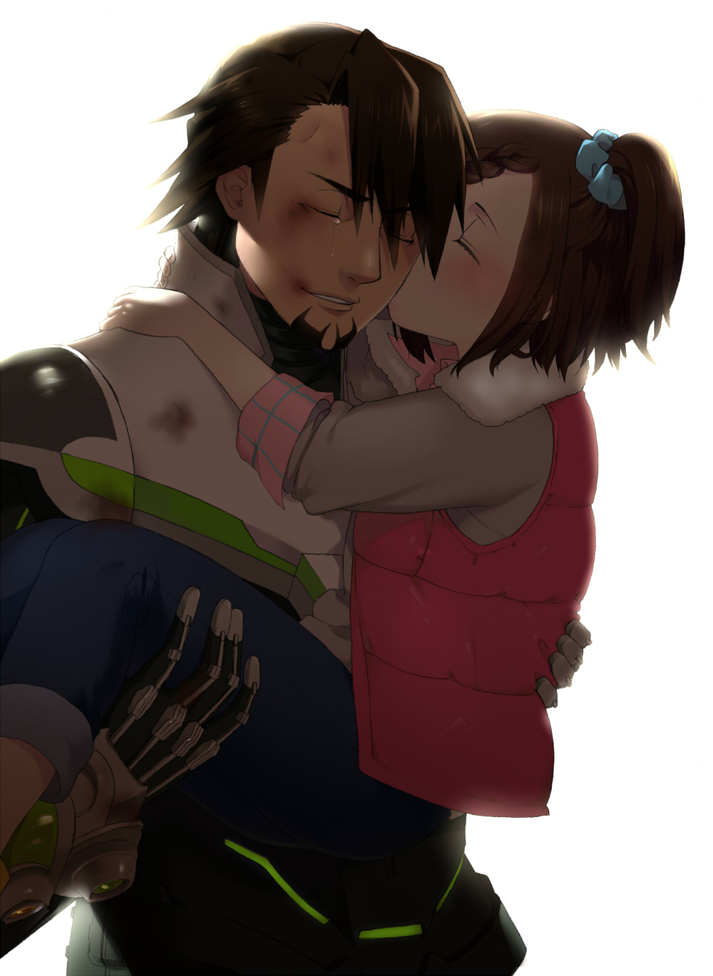 1girl, age_difference, bad_id, braid, brown_hair, carrying, closed_eyes, eyes_closed, facial_hair, father_and_daughter, highres, kaburagi_kaede, kaburagi_t_kotetsu, kiss, momo_uzura, one_side_up, power_armor, power_suit, princess_carry, short_hair, side_ponytail, stubble, tears, tiger_&amp;_bunny, wild_tiger