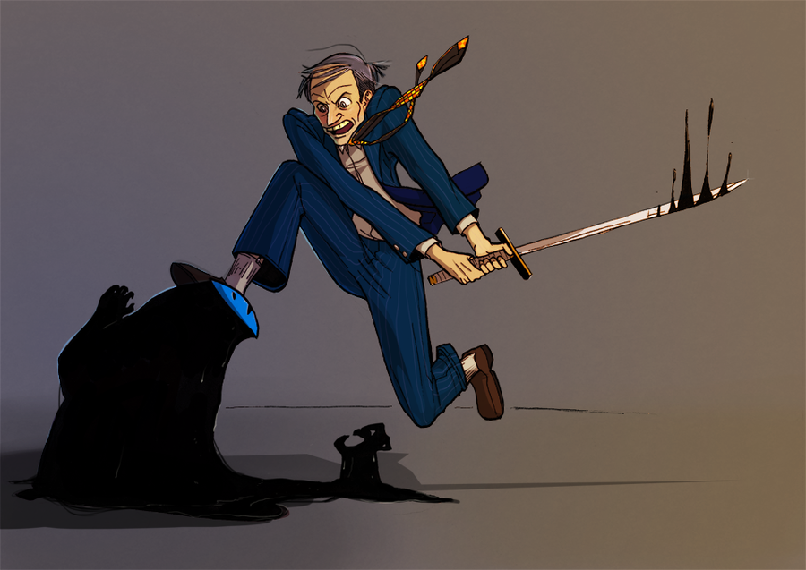 artist_request, battle, black_hair, formal, grey_hair, katana, kicking, male