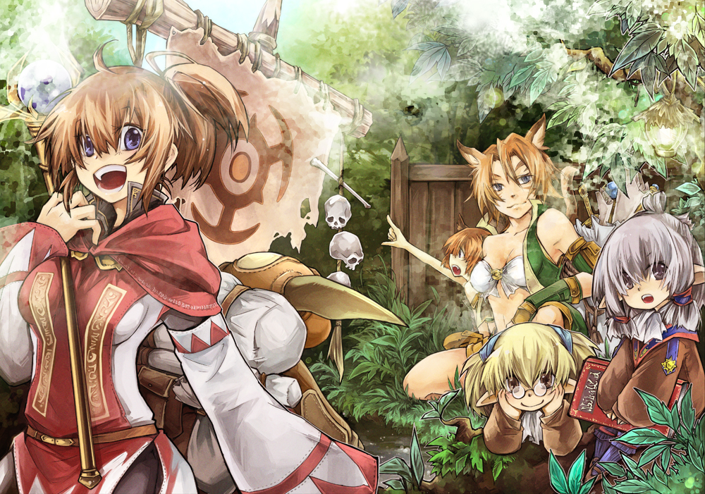banner, blonde_hair, blue_eyes, book, brown_eyes, brown_hair, cat_ears, elf