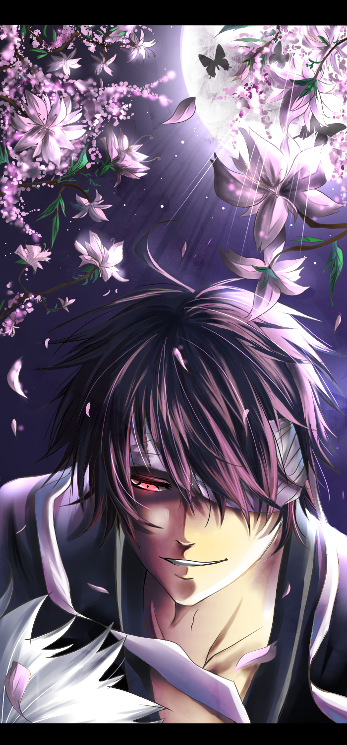 butterfly, eyepatch, flower, gintama, highres, japanese_clothes, kimono, male