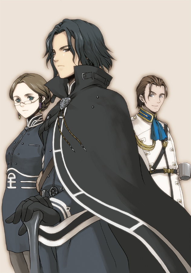 2boys, alex_row, black_hair, braid, brown_hair, cape, cravat, glasses