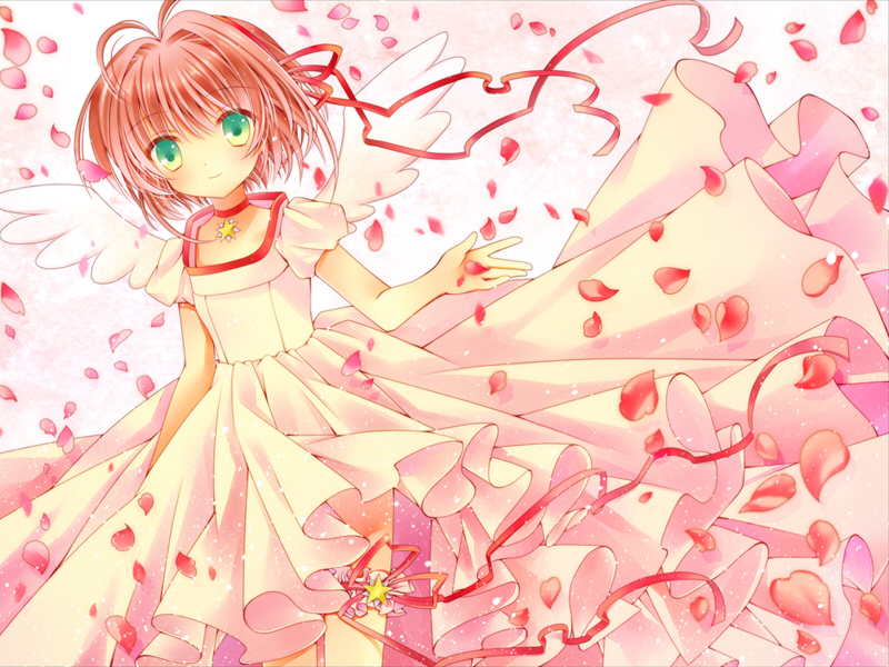 card_captor_sakura, cardcaptor_sakura, cherry_blossoms, child, dress, green_eyes, kinomoto_sakura, petals