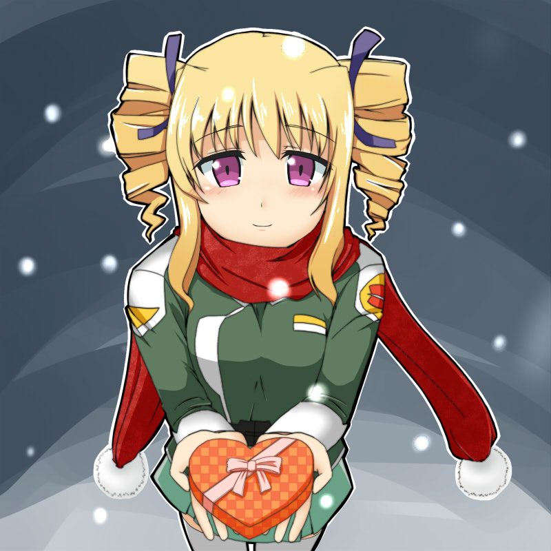 blonde_hair, blush, chocolate, drill_hair, gift, gundam, hair_ornament, holding, holding_gift, incoming_gift, long_hair, military, military_uniform, narise, operator_type_f, purple_eyes, ribbon, sd_gundam, sd_gundam_online, skirt, smile, solo, thigh-highs, thighhighs, twin_drills, uniform, valentine, violet_eyes, white_legwear