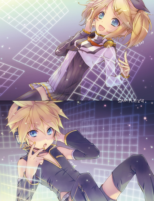 1boy, 1girl, alternate_hairstyle, aqua_eyes, blonde_hair, brother_and_sister, hair_ornament, hairclip, headphones, kagamine_len, kagamine_rin, natsumi_yuu, open_mouth, project_diva, project_diva_(series), project_diva_2nd, punkish_(module), short_hair, short_twintails, siblings, skirt, smile, thigh-highs, thighhighs, twins, twintails, vocaloid, zettai_ryouiki