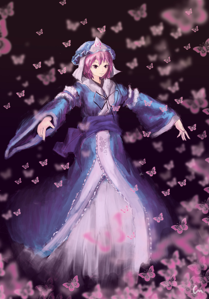 1girl, absurdres, butterfly, ghost, hat, highres, japanese_clothes, obi