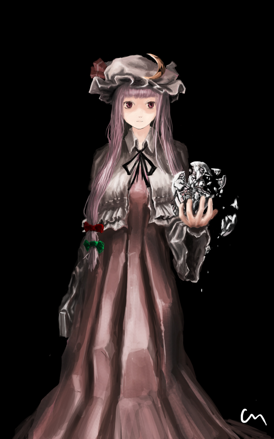 1girl, blush, book, broken, crescent, dress, hat, heart