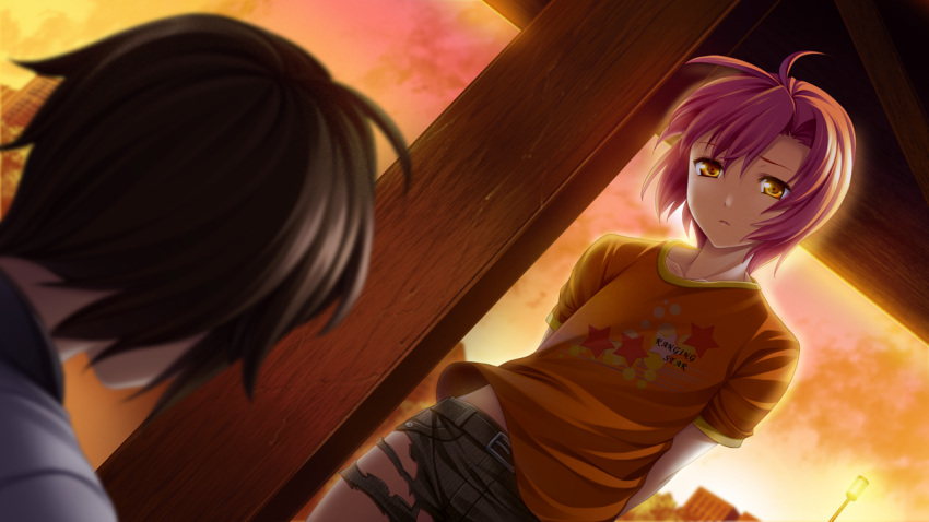 1girl, agano_hikaru, ahoge, blurry, brown_hair, collar_bone, collarbone, depth_of_field, dutch_angle, from_behind, game_cg, izuna_zanshinken, musumi_koutarou, orange_hair, short_hair, twilight, wind, won_(toufunokado), yellow_eyes