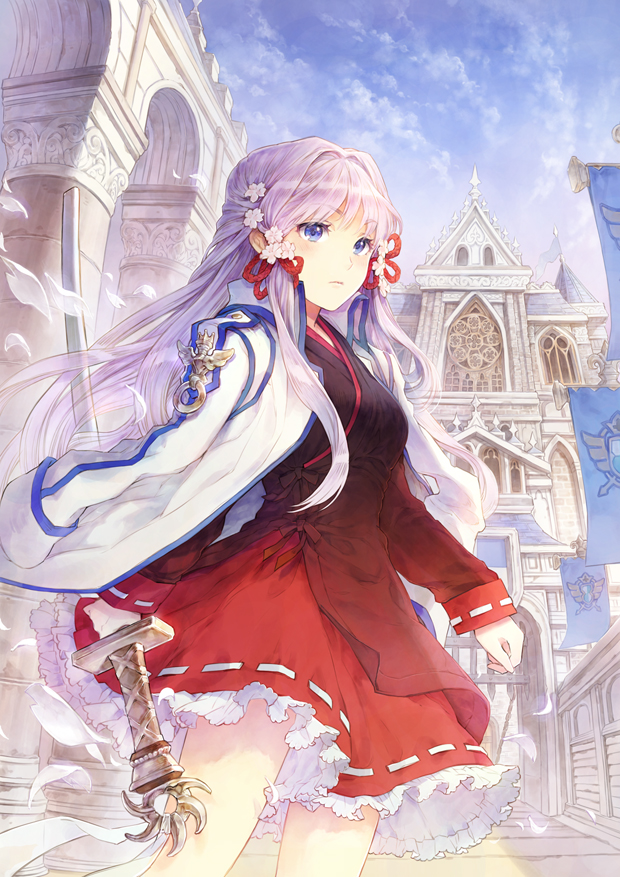 coat, dress, flower, frills, gathers, japanese_clothes, katana, lavender_hair, long_hair, lowres, pintail, pinteil, purple_eyes, purple_hair, ribbon, russel_(yumeriku), solo, sword, sword_girls, violet_eyes, weapon