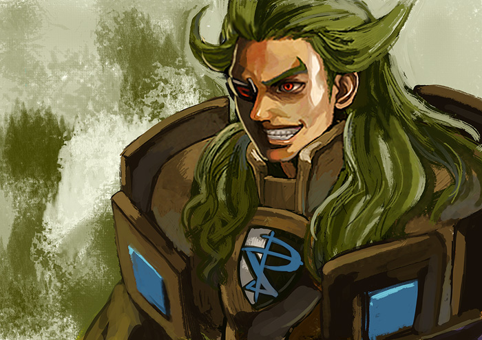 evil_smile, geechisu_(pokemon), green_hair, grin, kurobis, long_hair, male, monocle