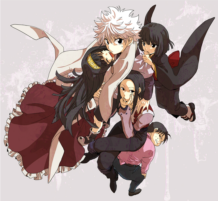 androgynous, black_hair, brothers, carrying, hairband, hug, hunter_x_hunter, illumi_zoldyck, japanese_clothes, kalluto_zoldyck, killua_zoldyck, kimono, long_hair, milluki_zoldyck, multiple_boys, short_hair, siblings, smile, trap, tsukasa_(mooncry), white_hair